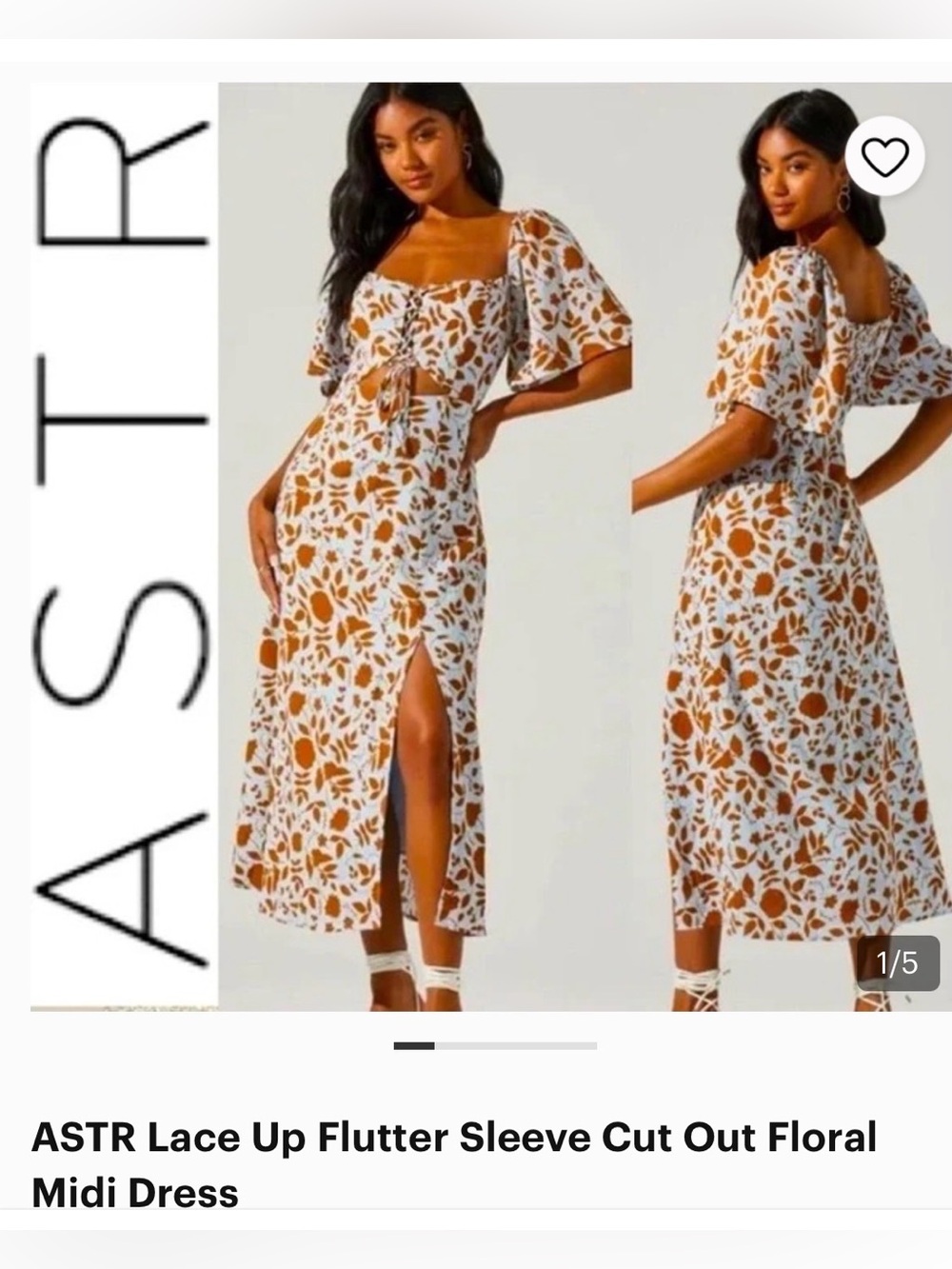 ASTR Lace Up Flutter Sleeve Cut Out Midi Dress - Blue/Brown/Floral - Size XS